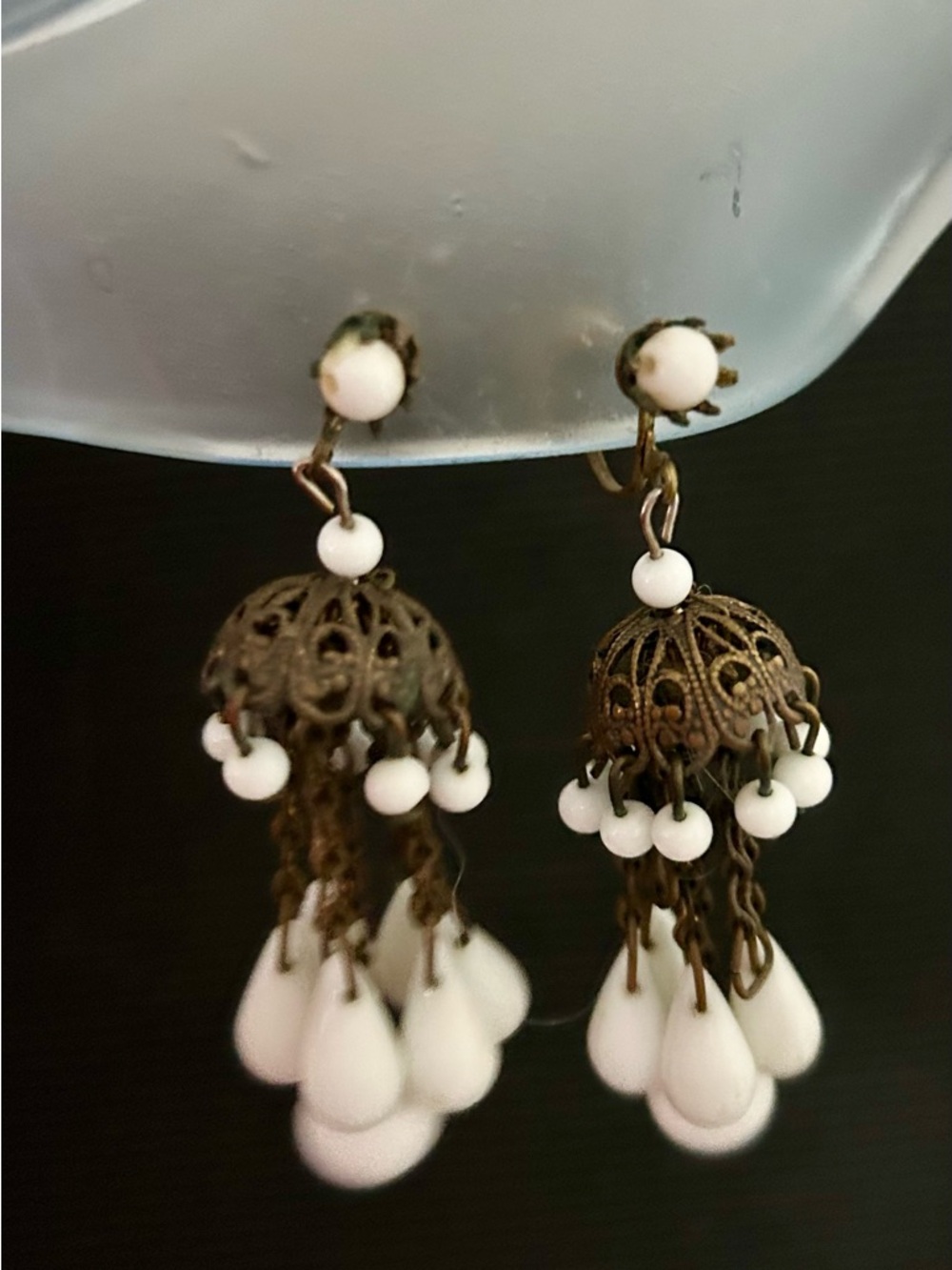 Vintage Brass Filigree Chandelier Screw Back Earrings Featuring Milk Glass Beads